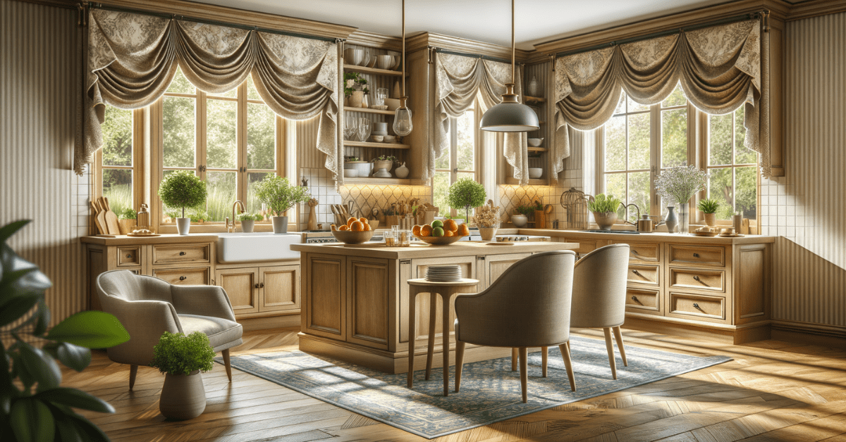 Kitchen with valances on the windows.