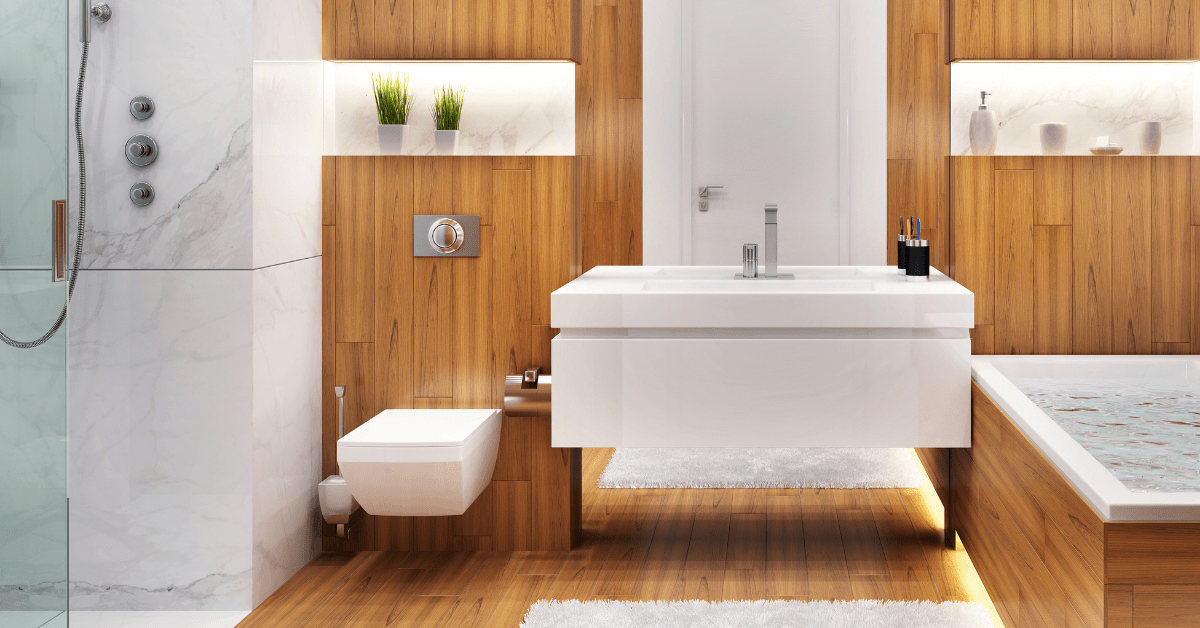 White marble and wooden wet room bathroom with modern fixtures.