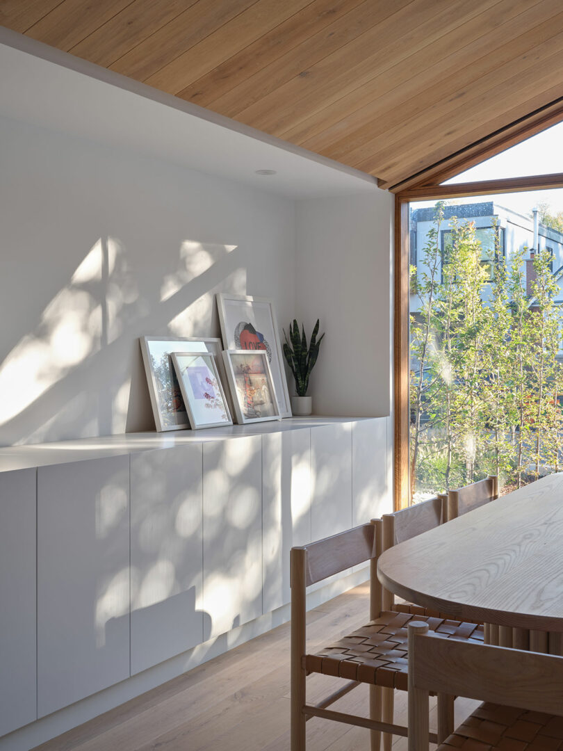 angled view of modern minimalist dining room 