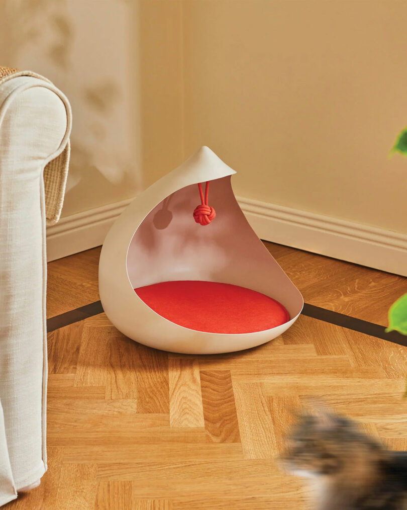 A teardrop shaped pet bed with red cushion and red toy hanging from the top.