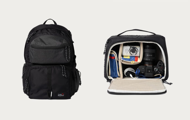 Side by side images of the Long Weekend Morro Convertible Backpack and matching Morro Camera Cube both in gridded black color way. Camera Cube is unzipped to show camera gear contents.