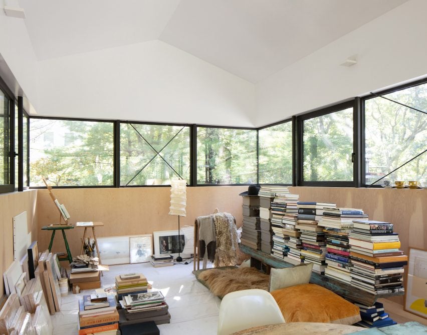 Artist studio interior featuring a gabled roof