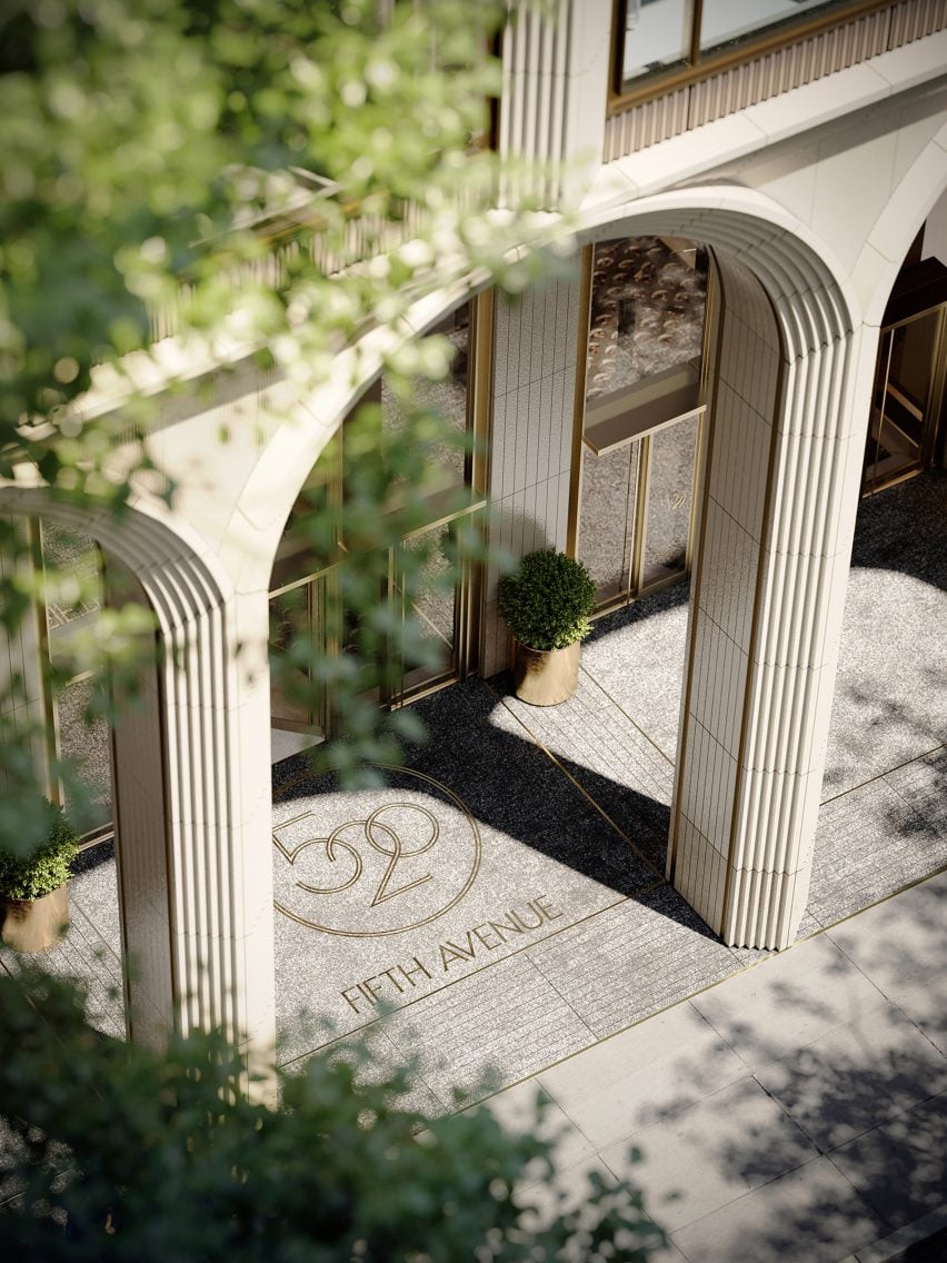 A rendering of a colonnade with fluted columns