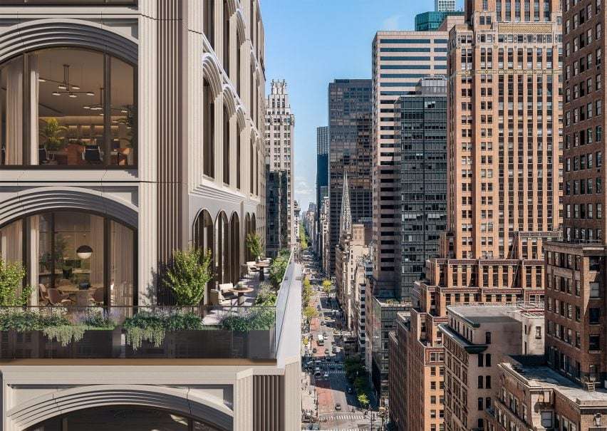 A rendering of a building with arched windows along a New York avenue