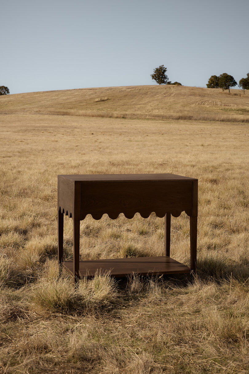 dark wood nightstand in an off-season field