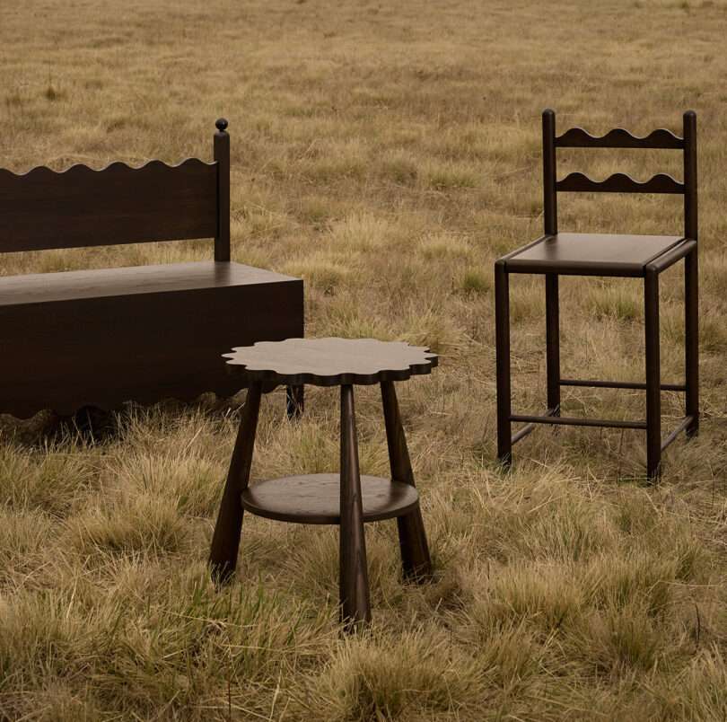 three pieces of dark wood furniture in an off-season field