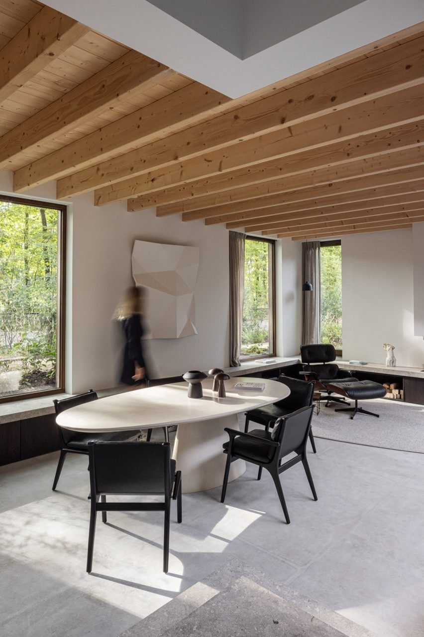 White-walled living room with wooden ceiling