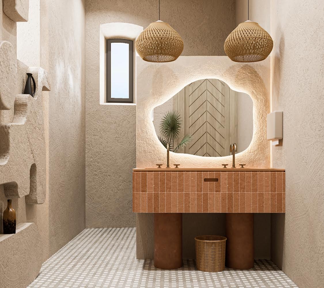 Modern organic bathroom interior with earthy decor by Decorilla