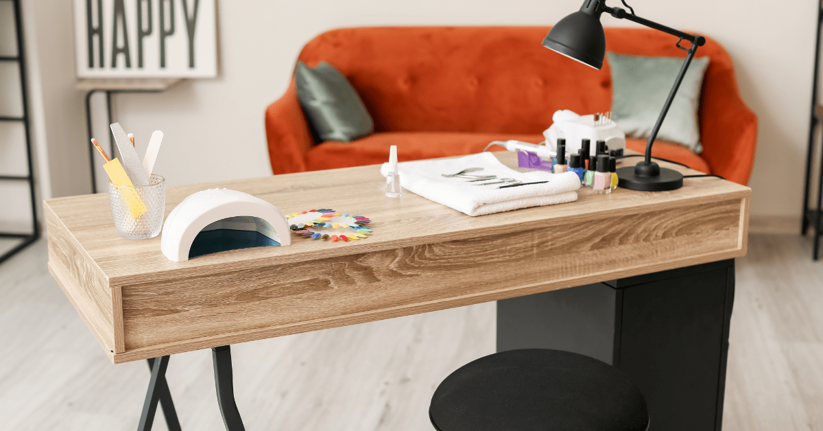 Closeup of a wooden small corner desk.