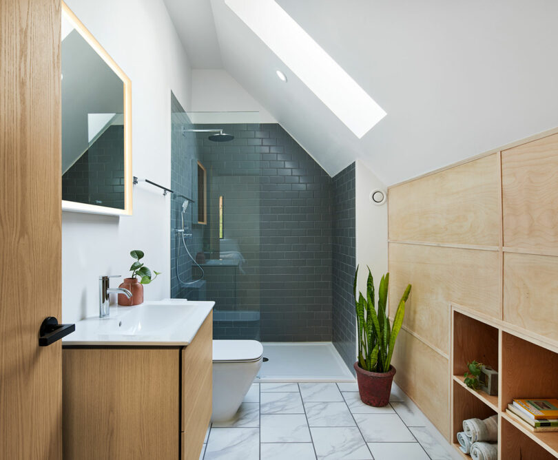 Bathroom with sky light and standing shower.