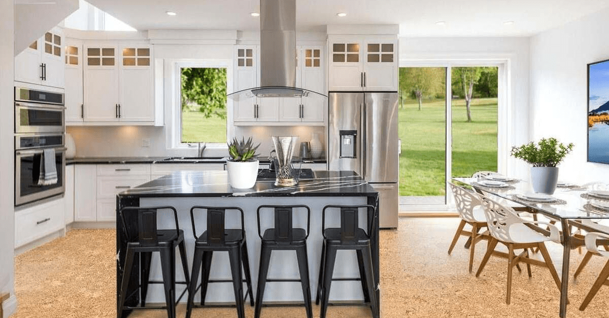 Modern kitchen with cork flooring.