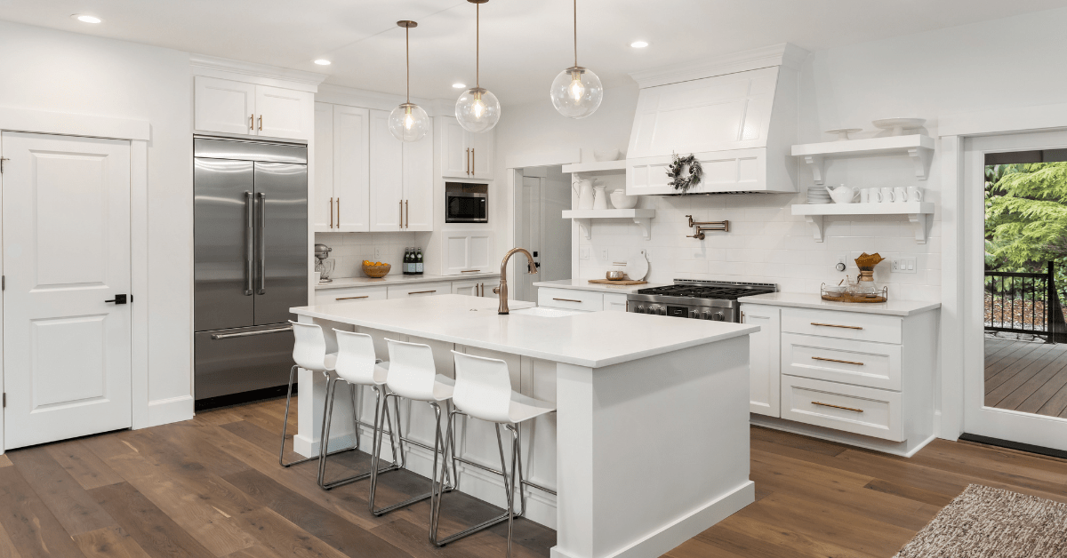 Modern kitchen with classic hardwood flooring.