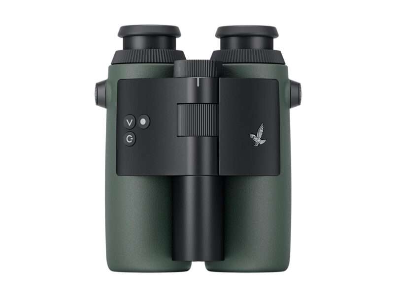 Top view ofthe SWAROVSKI OPTIK AX Visio smart binoculars showing its control buttons and focus ring.