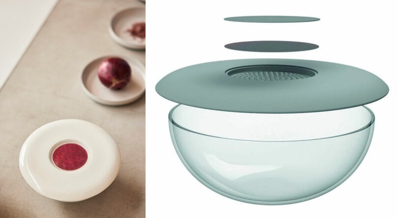 side by side images with plates on left covered with onions on rest, and right a storage food bowl with lids floating above
