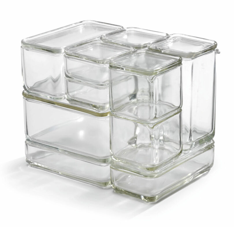 angled view of stacked glass food storage containers