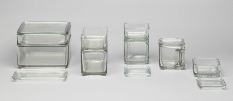 block glass storage containers in a row