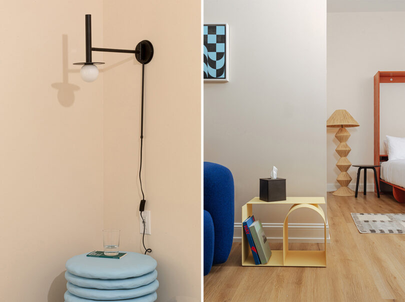 Detail shot of wall hung pendant light over small blue side table, alongside blue seating and modern bent metal side table inside the rooms of the YOWIE hotel. 