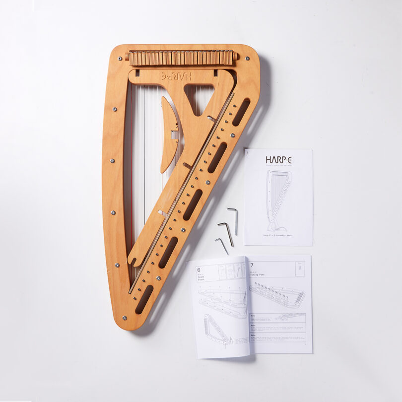 flat lay of a wooden harp
