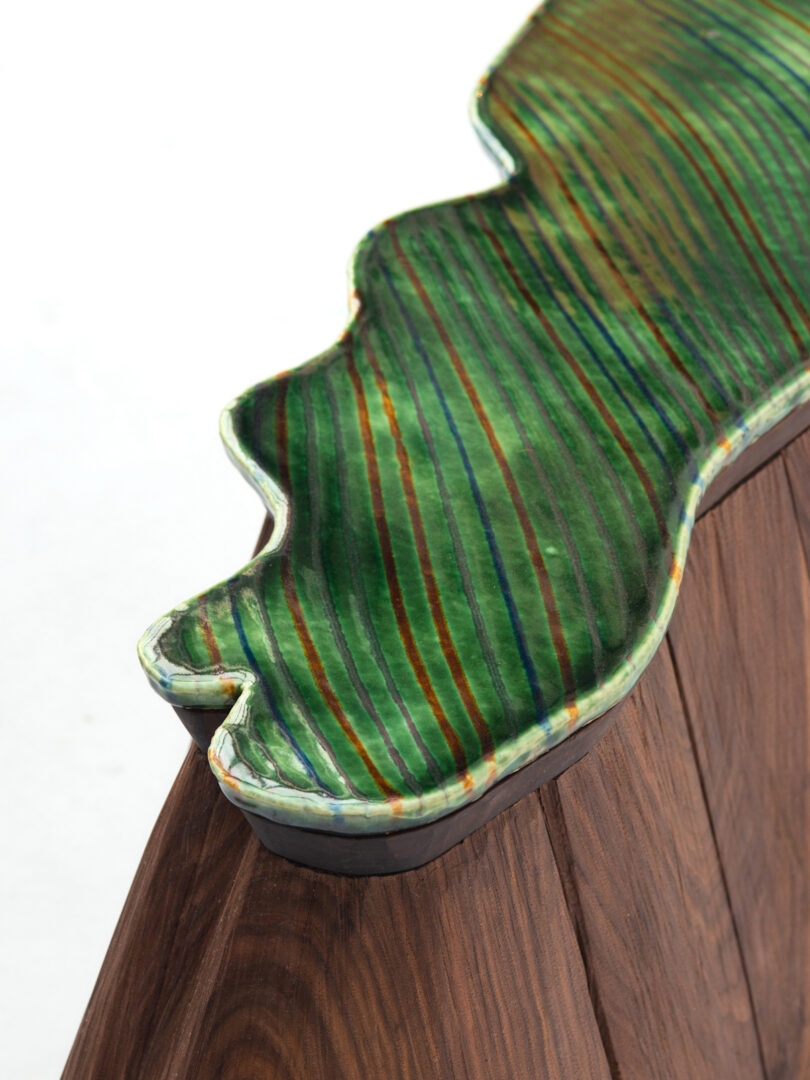 green ceramic and wood island table