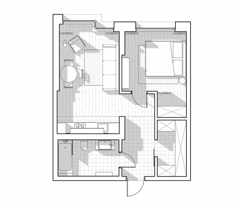 black and white floor plan of small apartment