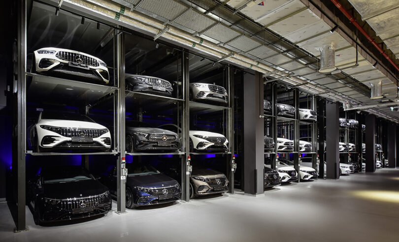 Mercedes-Benz Brand Center in Dubai 3-car high stacked "Car Wall"