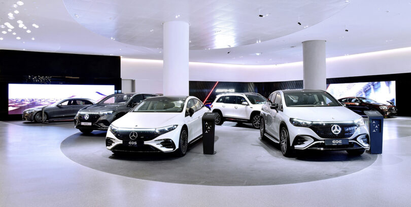 Center showroom within the Mercedes-Benz Brand Center in Dubai, displaying 6 different Mercedes-Benz models.