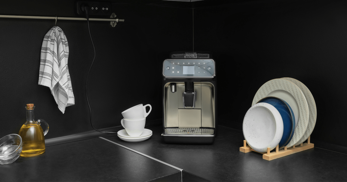 A black countertop in a modern kitchen.