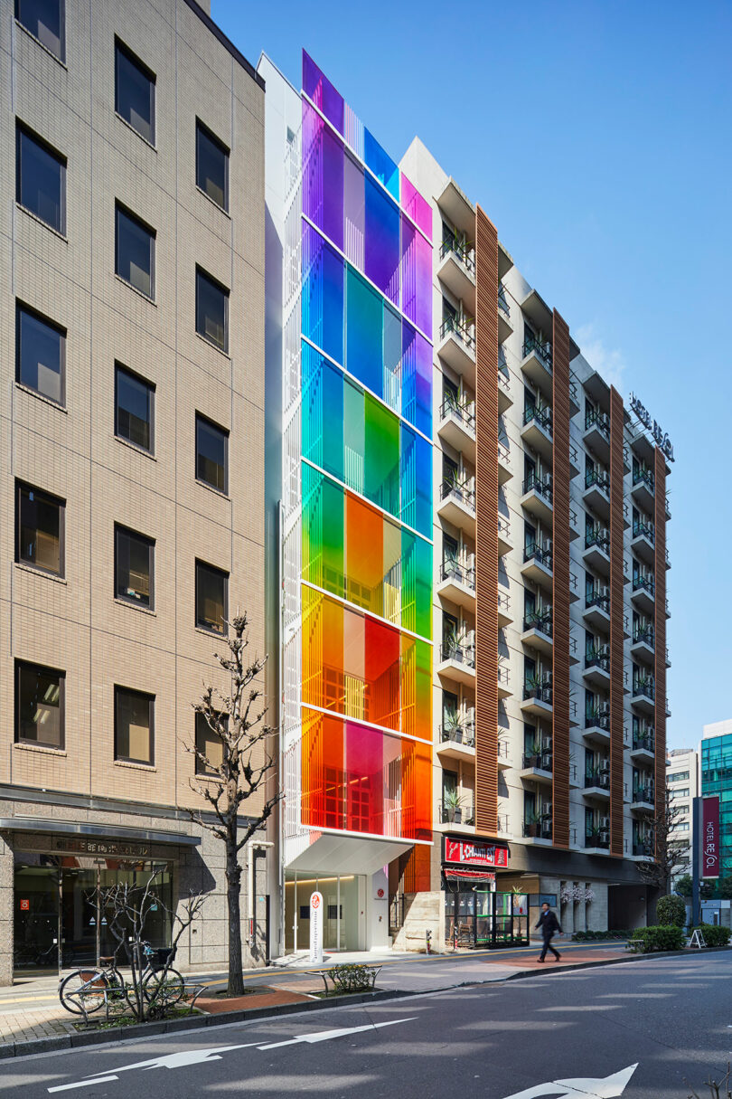 side exterior view of rainbow fronted office building