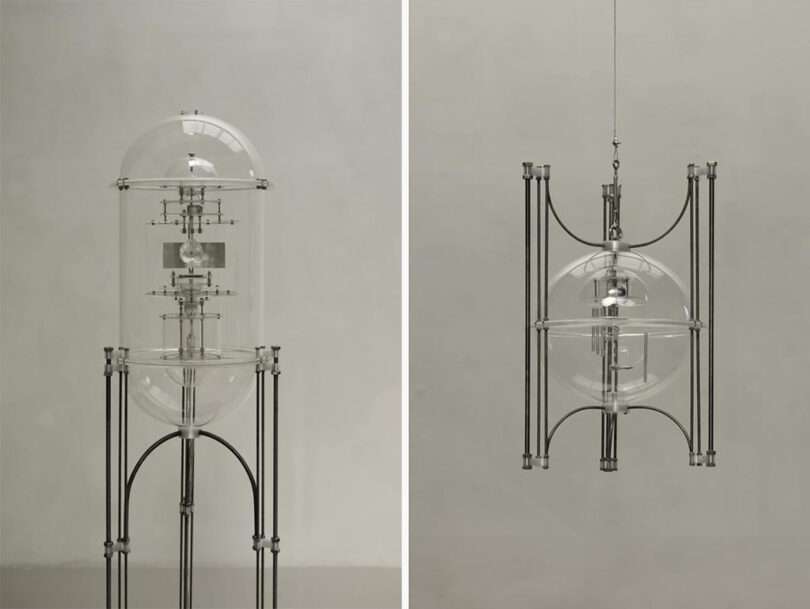 Two glass vacuum chambered devices designed to resemble scientific equipment, one house a crystal and the other wind chimes.