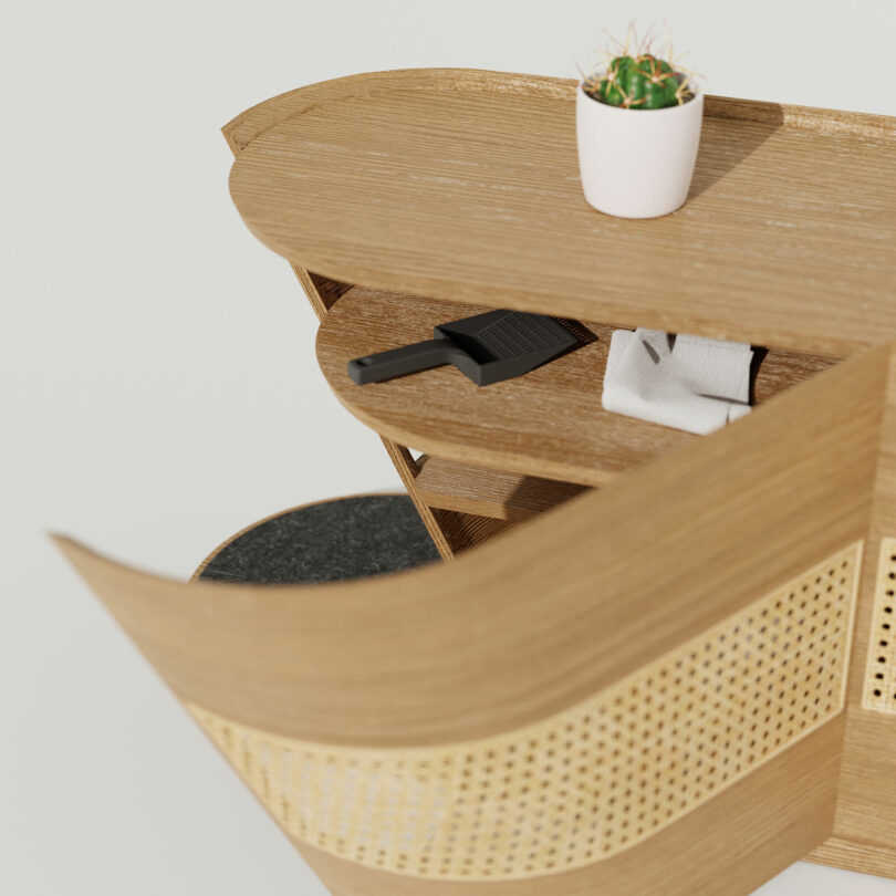 A 3D model of a wooden shelf with a cactus and cat furniture on it.
