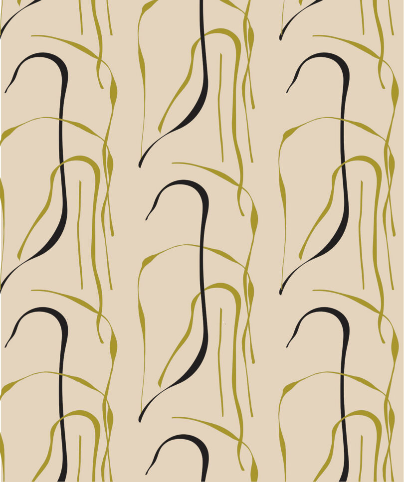 Abstract pattern with curved lines in earthy tones on a beige background.