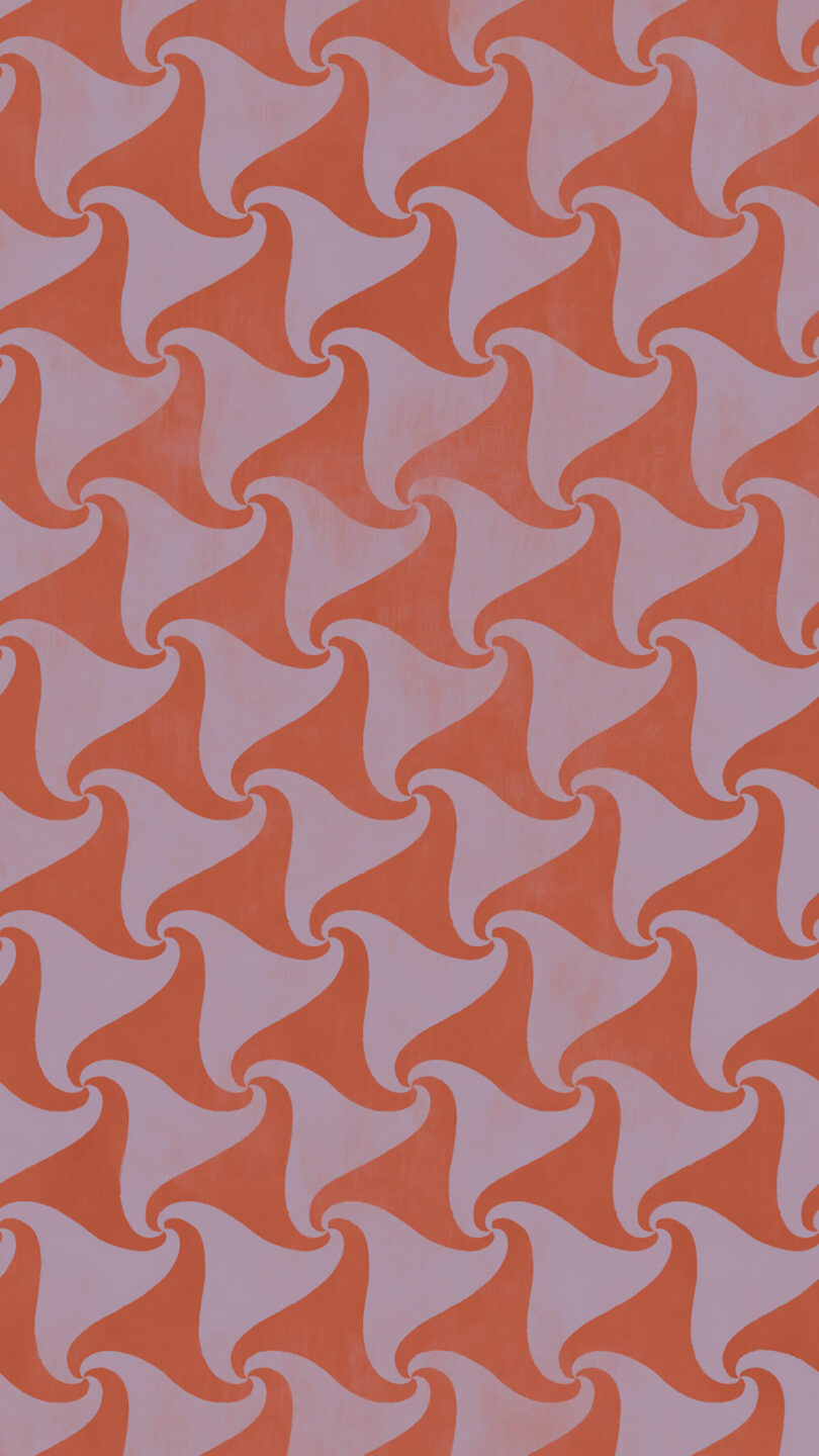 A repeating pattern of red wave shapes on a pink background.