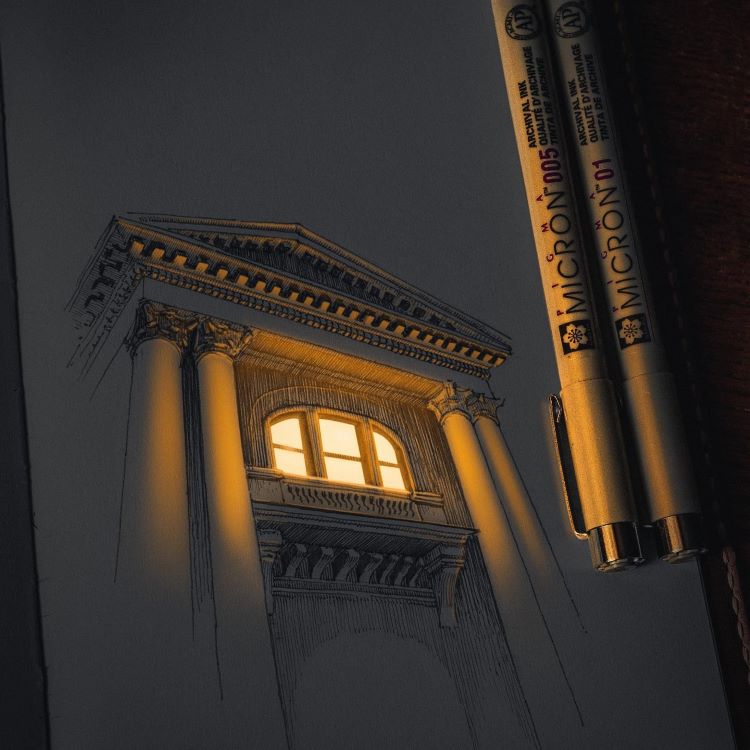 Glowing Pen Drawing Of Building