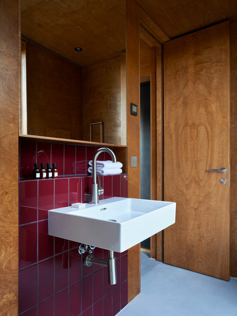 A bathroom with a sink and red tile.