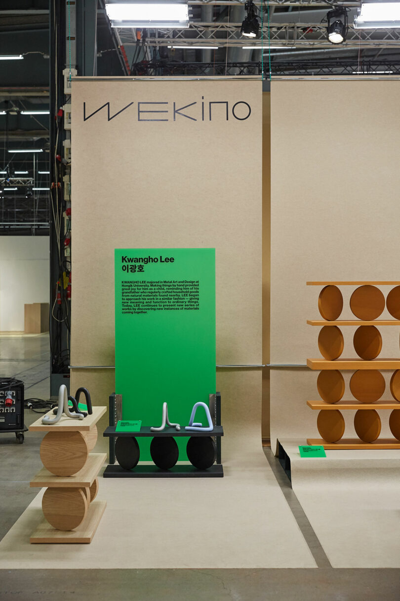 Geometric shelving with books and art objects on display.