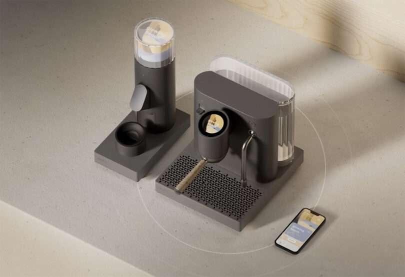 An AI-enhanced coffee machine and coffee grinder with a phone next to it shown from an angled overhead perspective, with simulated wireless connectivity waves broadcast from it.