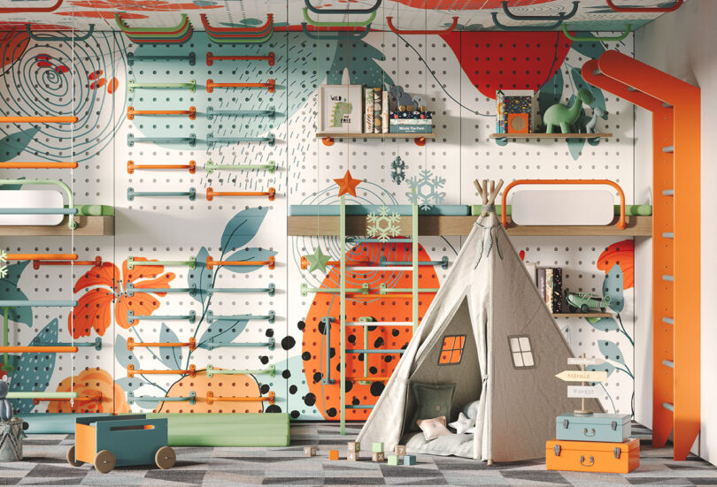 Colorfully decorated kid's room decorated with graphical plant themed wallpaper, children sized teepee, and a multicolor arrangement of Randle Wall Climbing Handles spanning the wall up across the ceiling.