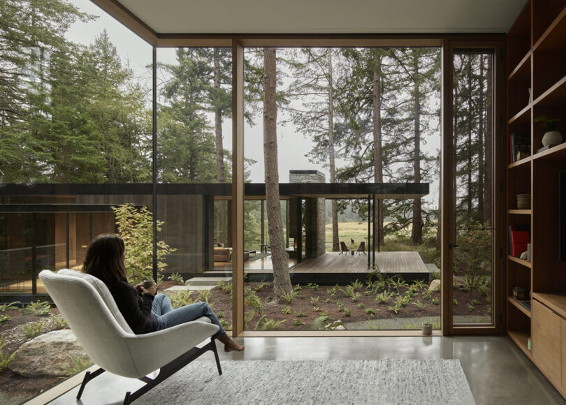 A person relaxing in a modern chair, gazing out of large windows at a serene forest landscape from within a stylish room with wooden accents.