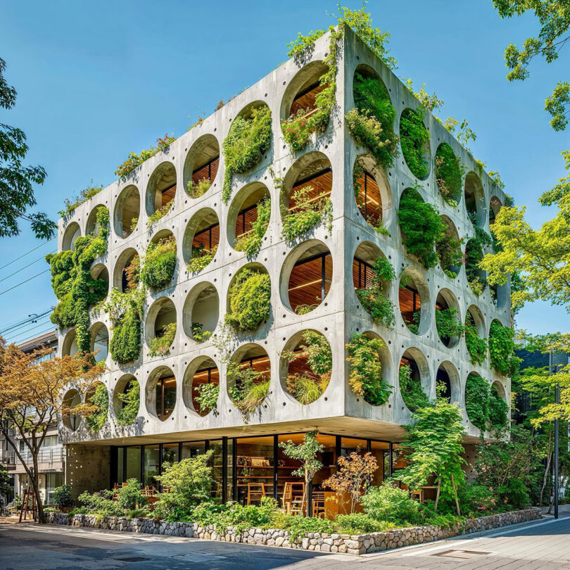 A rendering of a multi-story building featuring circular windows and a facade integrated with lush greenery.