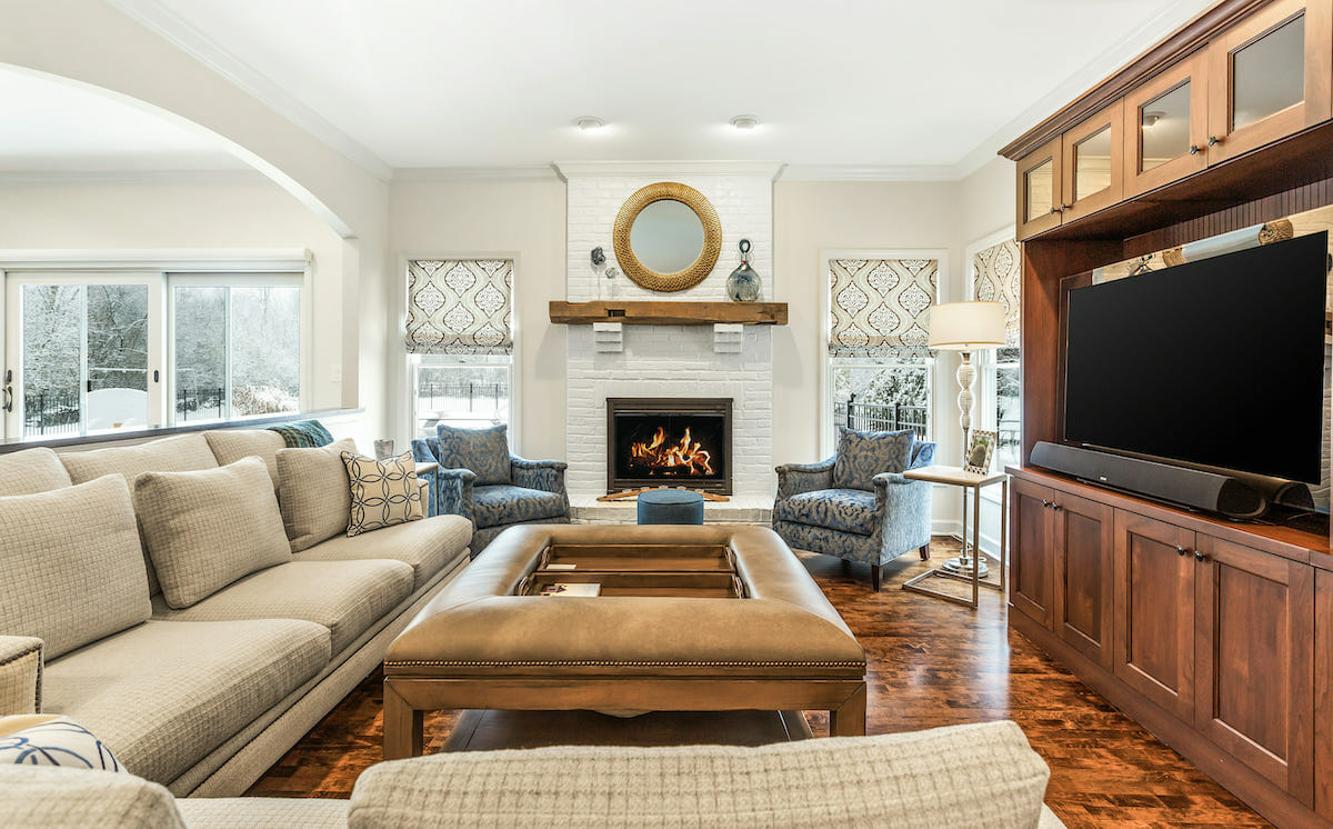 Transitional family room by Chicago interior decorator Eileen P