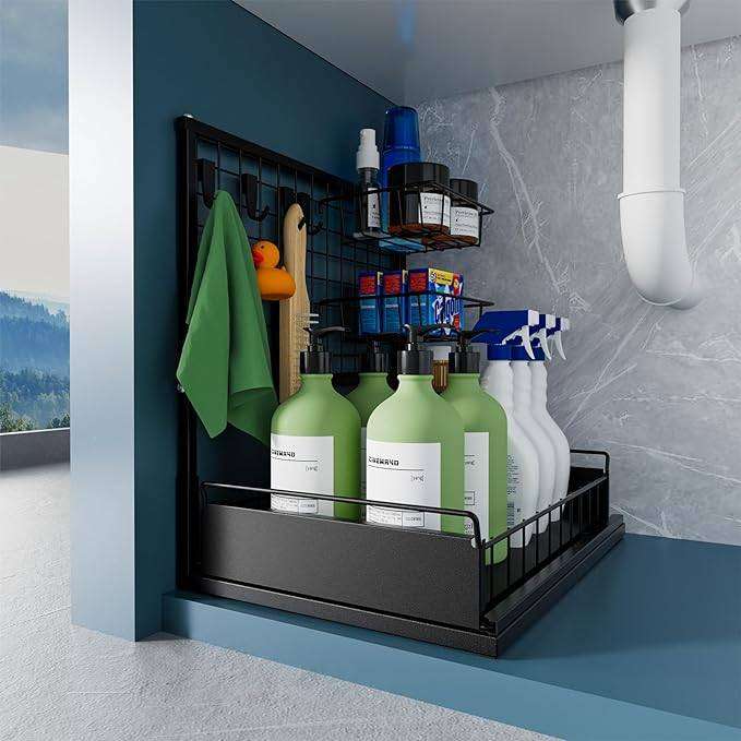 product photo of under the sink organizer filled with cleaning supplies