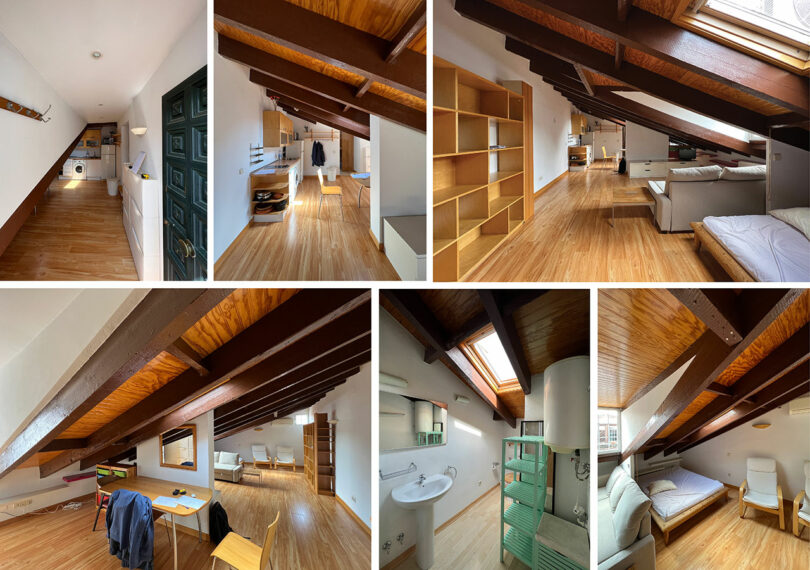 six image montage of an older, dark attic apartment