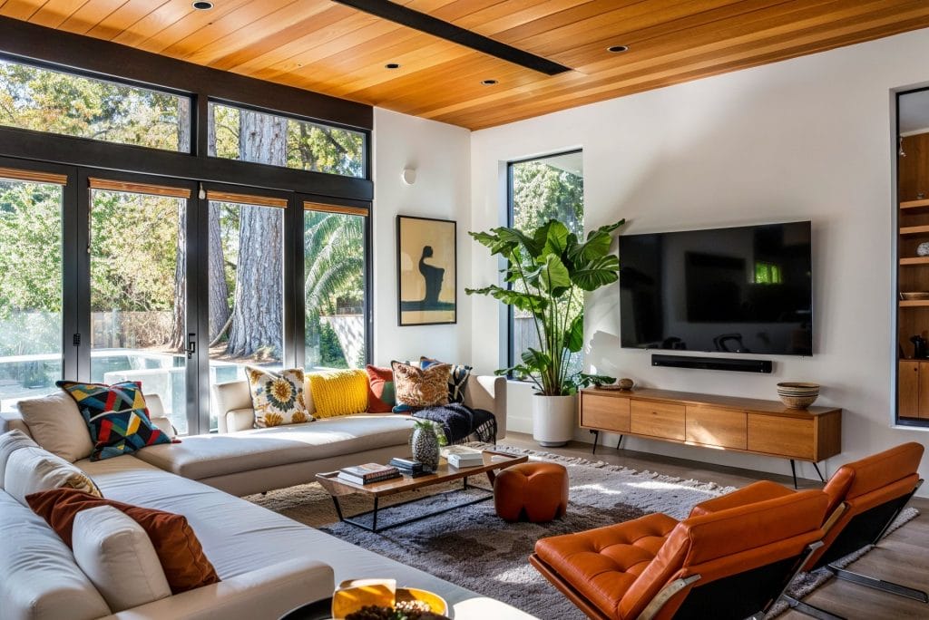 Mid-century modern vibes with wooden ceiling design by Decorilla