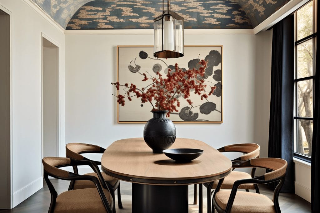 Soaring style of a dining room with a vaulted ceiling design by Decorilla