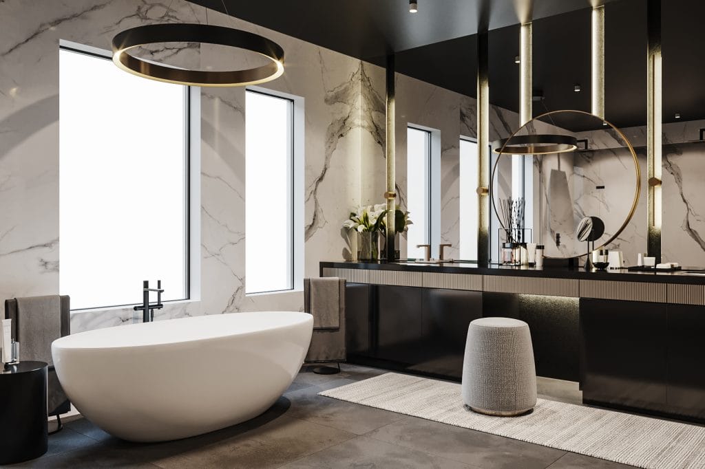 Dramatic flair in a bathroom with bold black ceiling design by Decorilla
