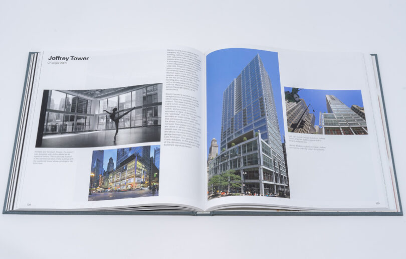 An open book featuring a photographic spread on joffrey tower in chicago, including interior and exterior images.