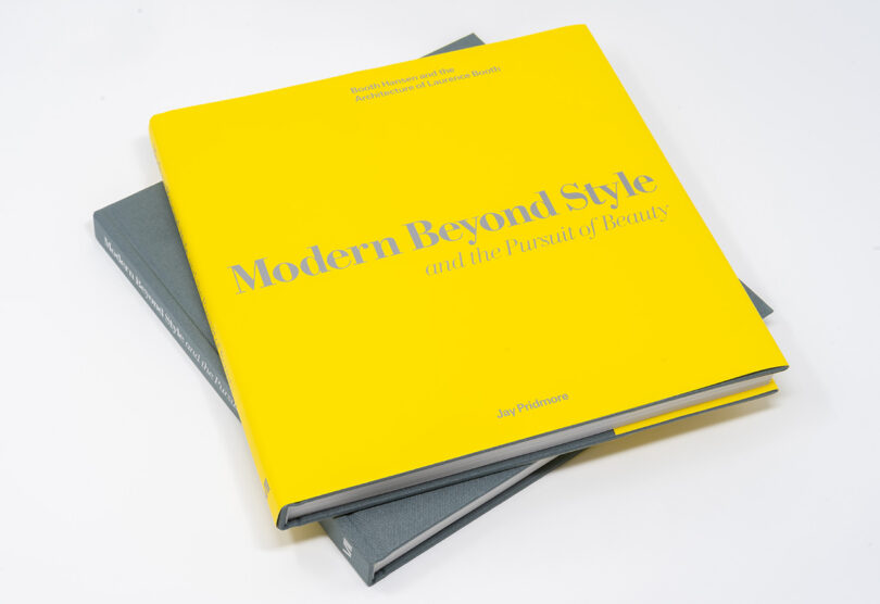 A stack of two hardcover books with the top one titled "modern beyond style and the pursuit of beauty" by jan jedlinski, featuring a bright yellow dust jacket with bold typography.