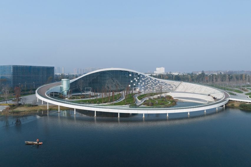 View of cultural centre by MUDA Architects across Huitong Lake