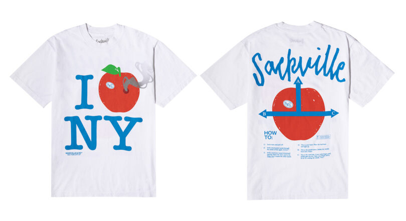 Two white t-shirts with graphic designs; left shirt shows "i heart ny" parody with a apple pipe instead of the traditional heart logo; right shirt features apple-themed "sackville" logo illustration with instructional text about how to make an apple pipe.