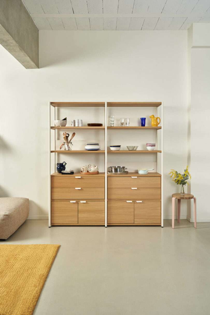 modular shelving system with wood doors